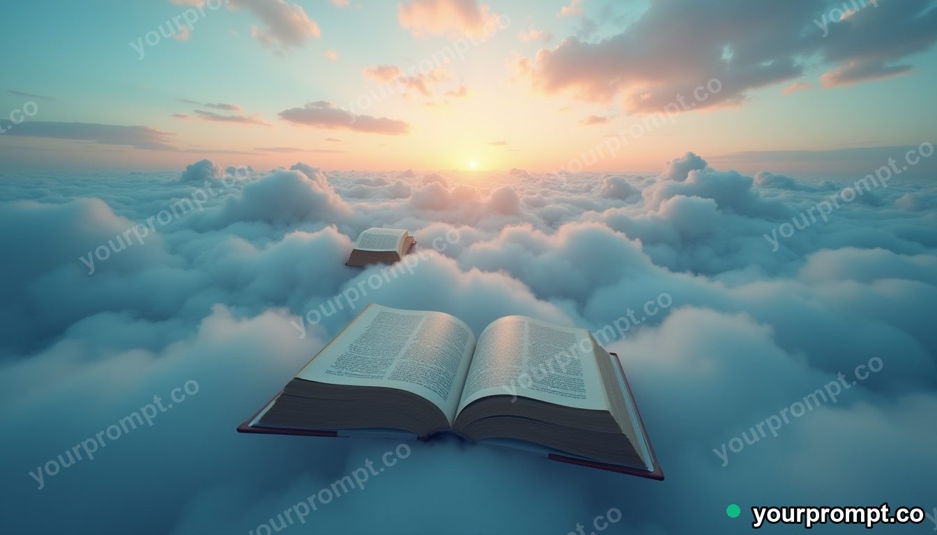 A sea of clouds with islands made of open books in cinematic film still style — AI-generated image from a text prompt