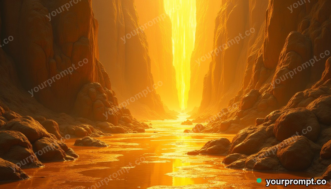 A river of liquid gold spilling from a tilted painting in epic fantasy concept art style — AI-generated image from a text prompt