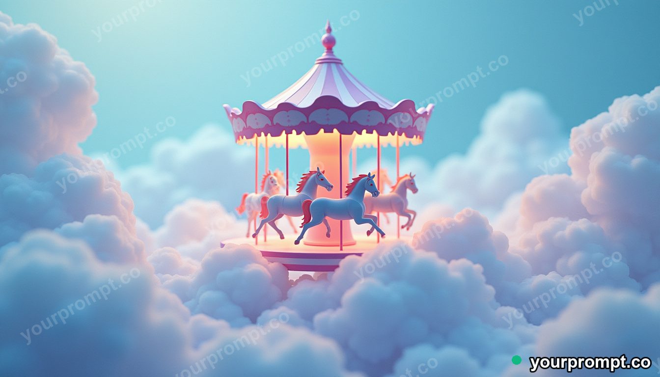A carousel of paper horses turning above the clouds in dreamy pastel style — AI-generated image from a text prompt