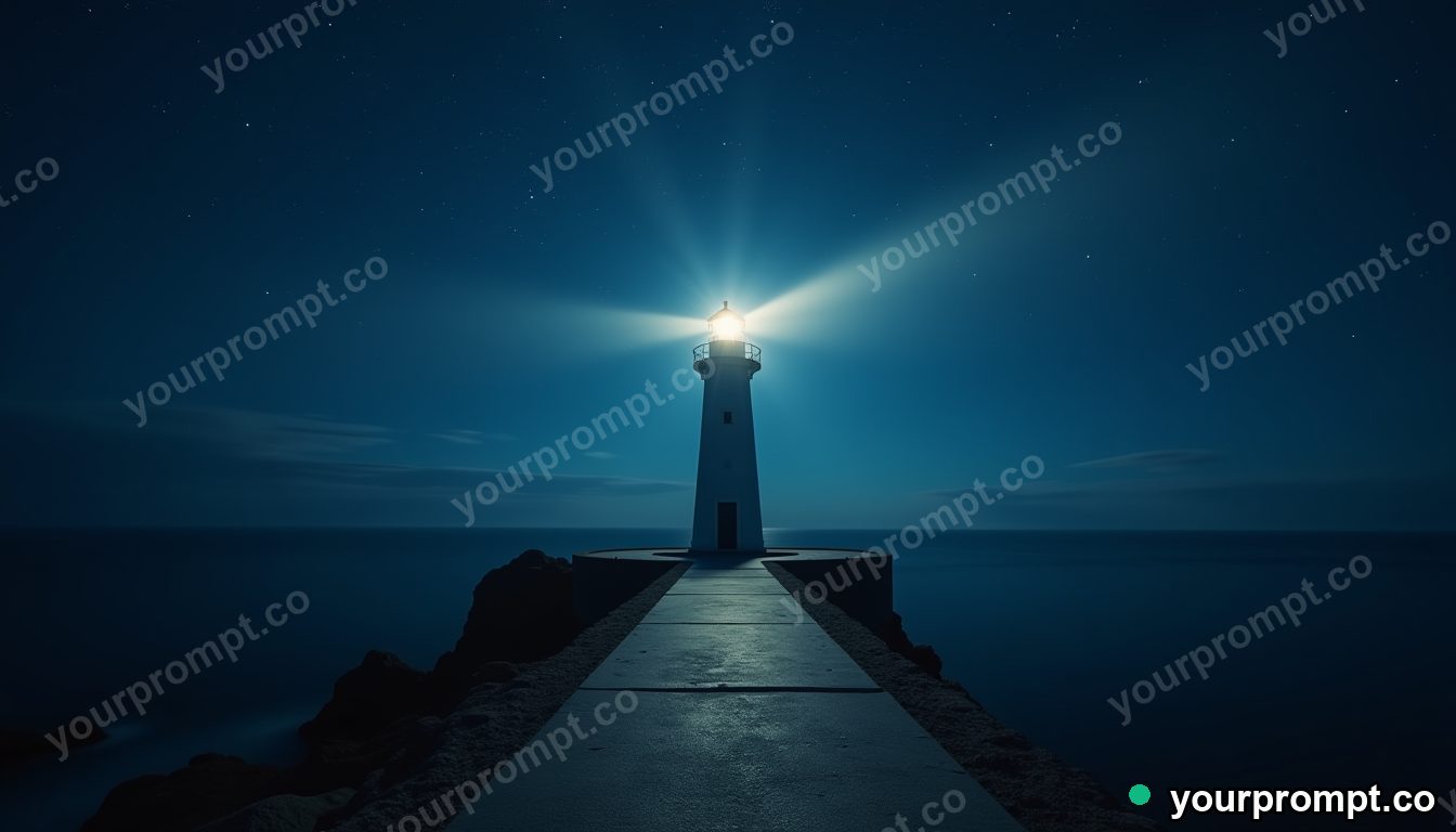 A lighthouse beaming a road of light into the night sky in cinematic film still style — AI-generated image from a text prompt