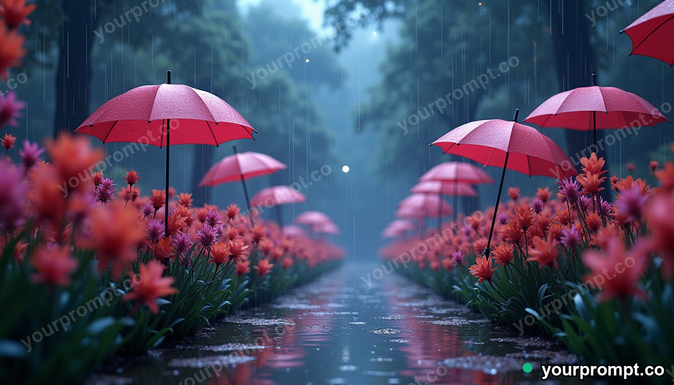 A garden where umbrellas bloom like flowers in the rain in matte concept painting style — AI-generated image from a text prompt