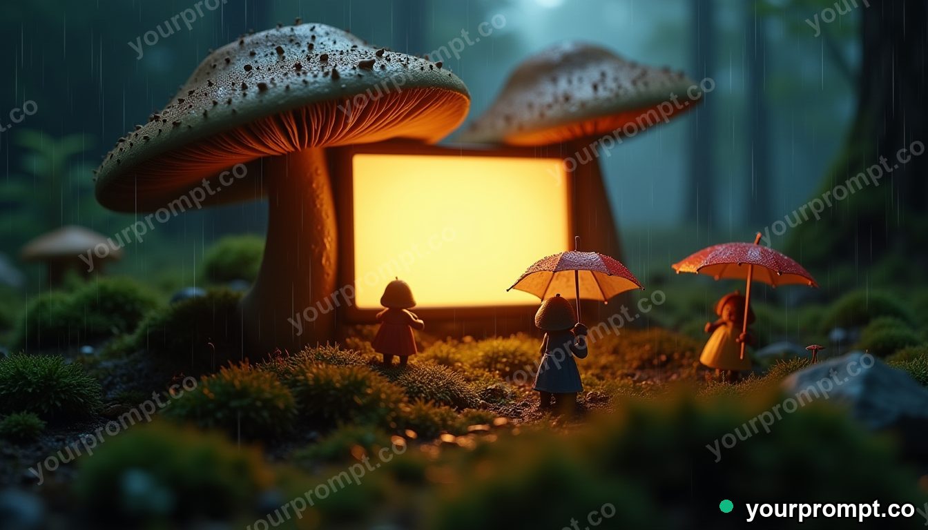 Mushroom cinema in heavy rain in cinematic style — AI-generated image from a text prompt