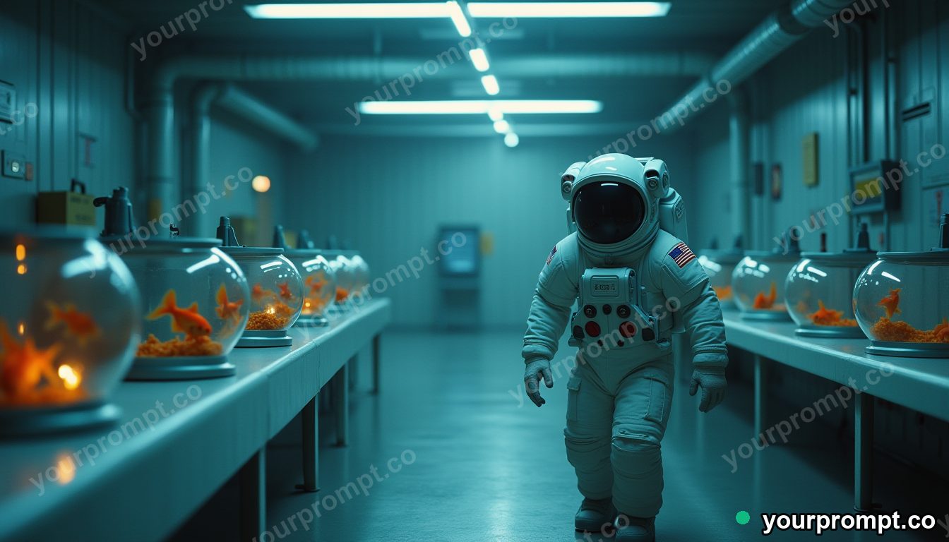 Goldfish astronaut training pool in cinematic style — AI-generated image from a text prompt