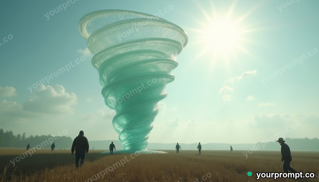 Tornado frozen as glass sculpture in cinematic style — AI-generated image from a text prompt