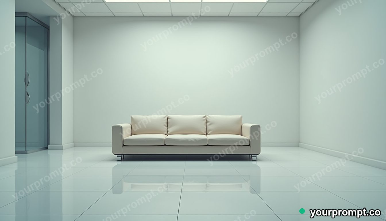Mirror-tile couch folded through an impossible corner inside a blank office room · grounded empty cinematic