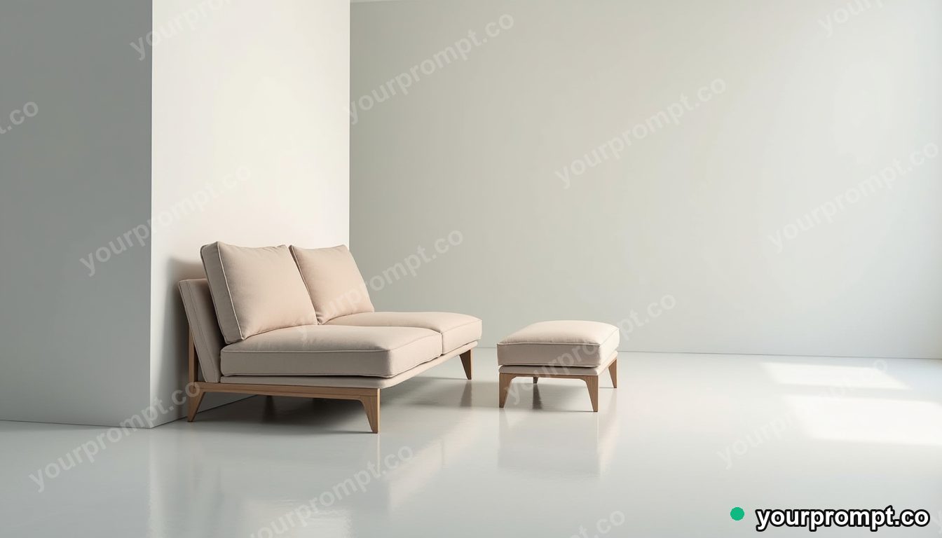 Mirror-tile couch folded through an impossible corner inside a blank office room · premium material editorial