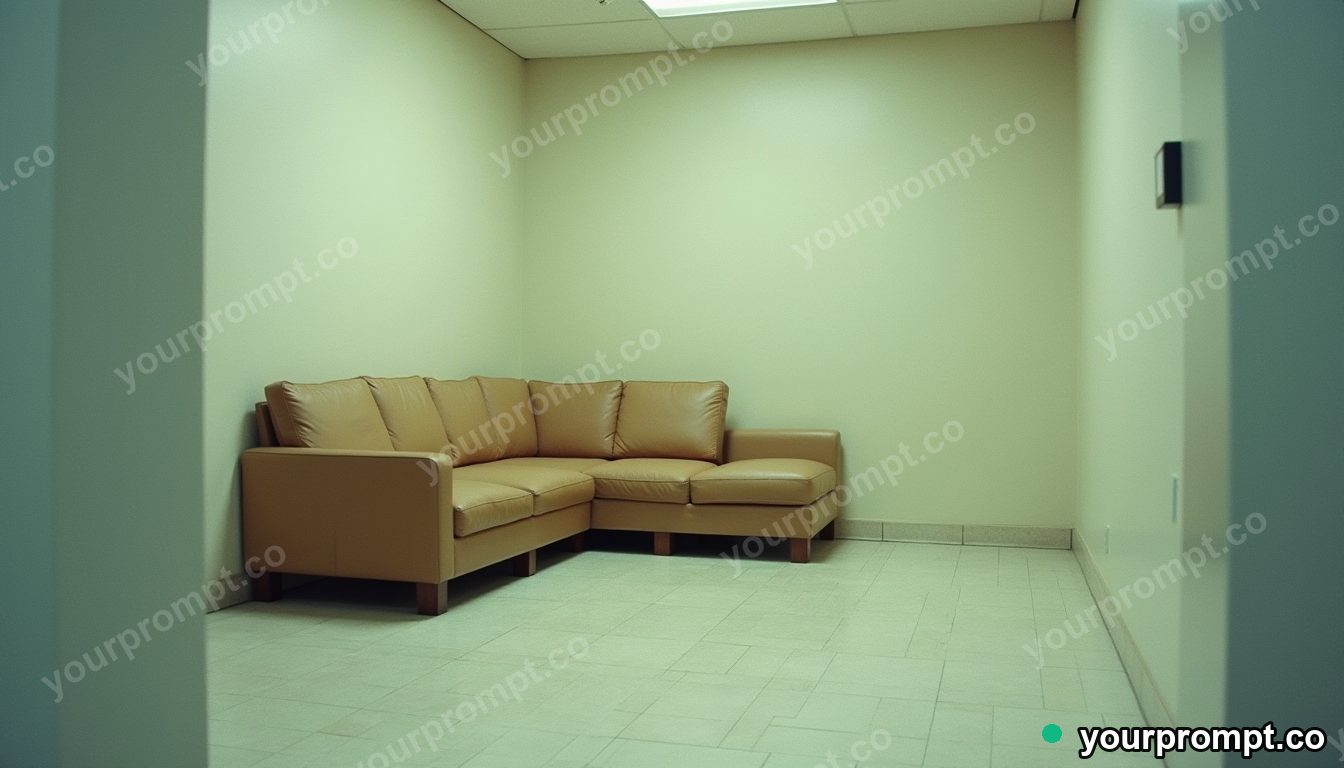 Mirror-tile couch folded through an impossible corner inside a blank office room · analog empty archive