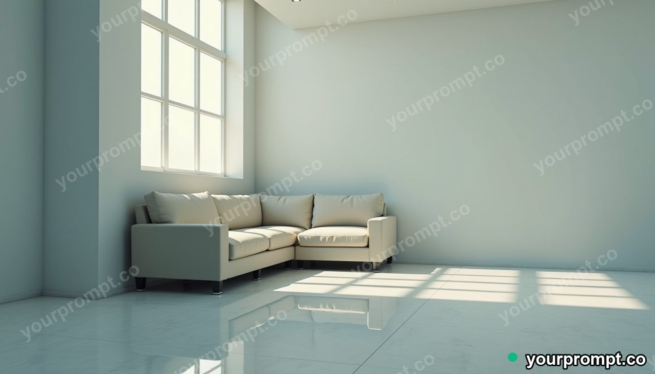 Mirror-tile couch folded through an impossible corner inside a blank office room · impossible physics surreal