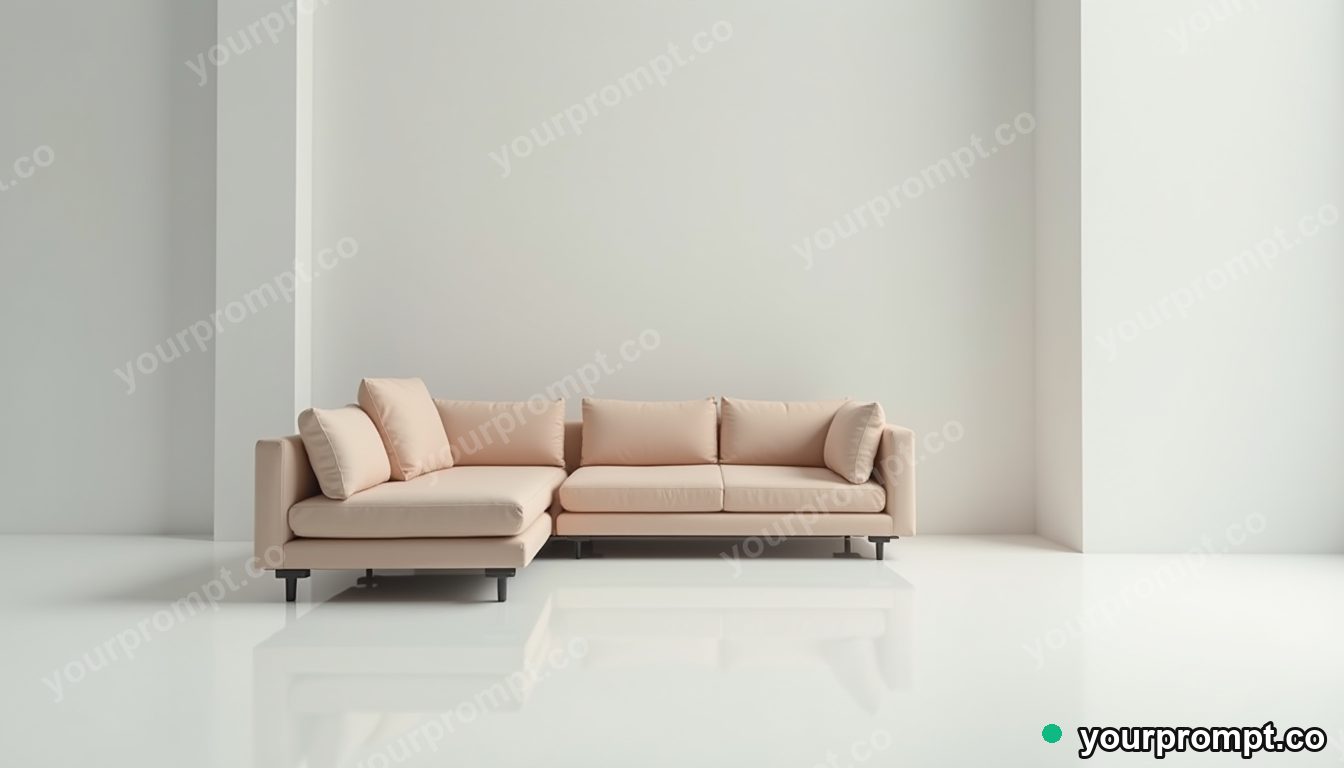 Mirror-tile couch folded through an impossible corner inside a blank office room · minimal graphic geometry
