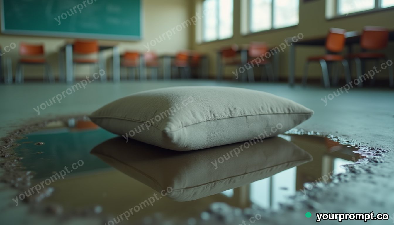 Concrete pillow block reflected in a puddle that shows another room inside an empty classroom · grounded empty cinematic