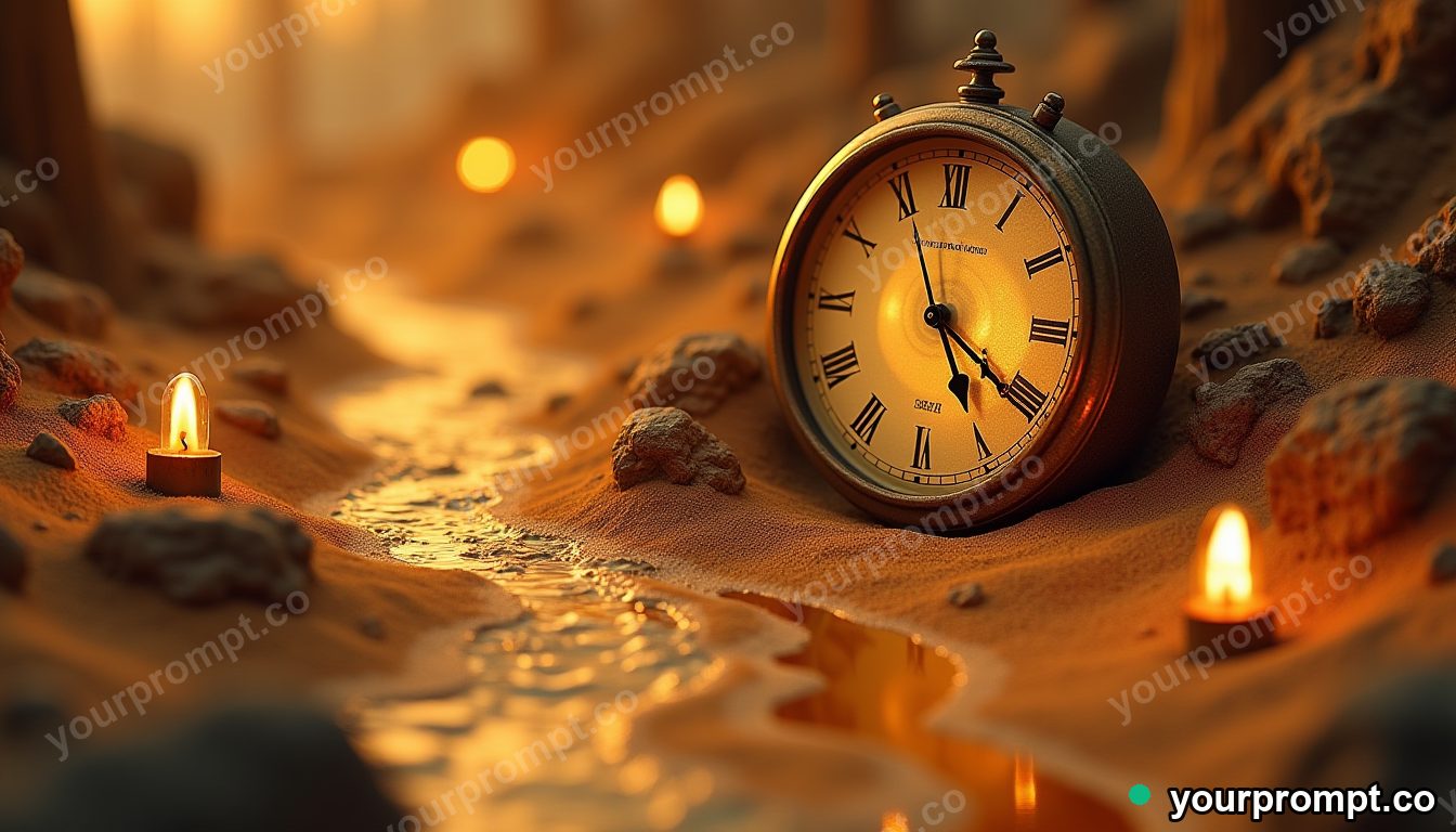 A giant clock melting into a river of golden sand in isometric miniature style — AI-generated image from a text prompt