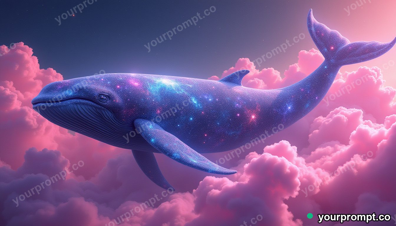 A whale made of swirling galaxies drifting through pink clouds in vaporwave synthwave style — AI-generated image from a text prompt