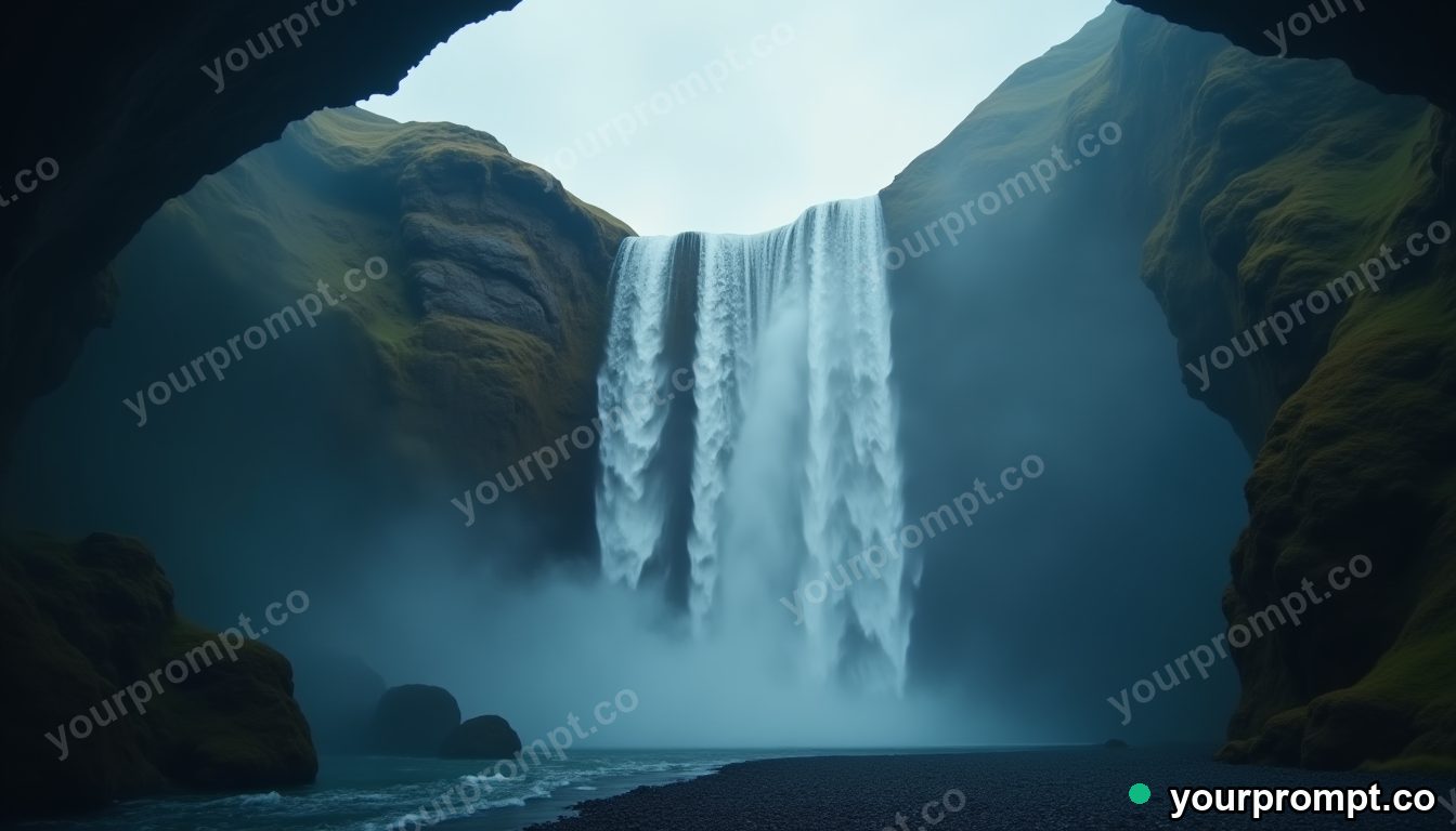 A waterfall flowing upward into a hole in the sky in cinematic film still style — AI-generated image from a text prompt