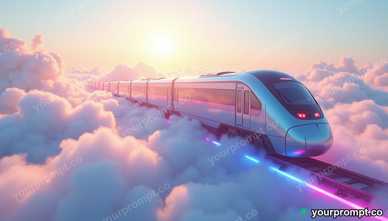 A train made of clouds riding on rainbow tracks in vaporwave synthwave style — AI-generated image from a text prompt