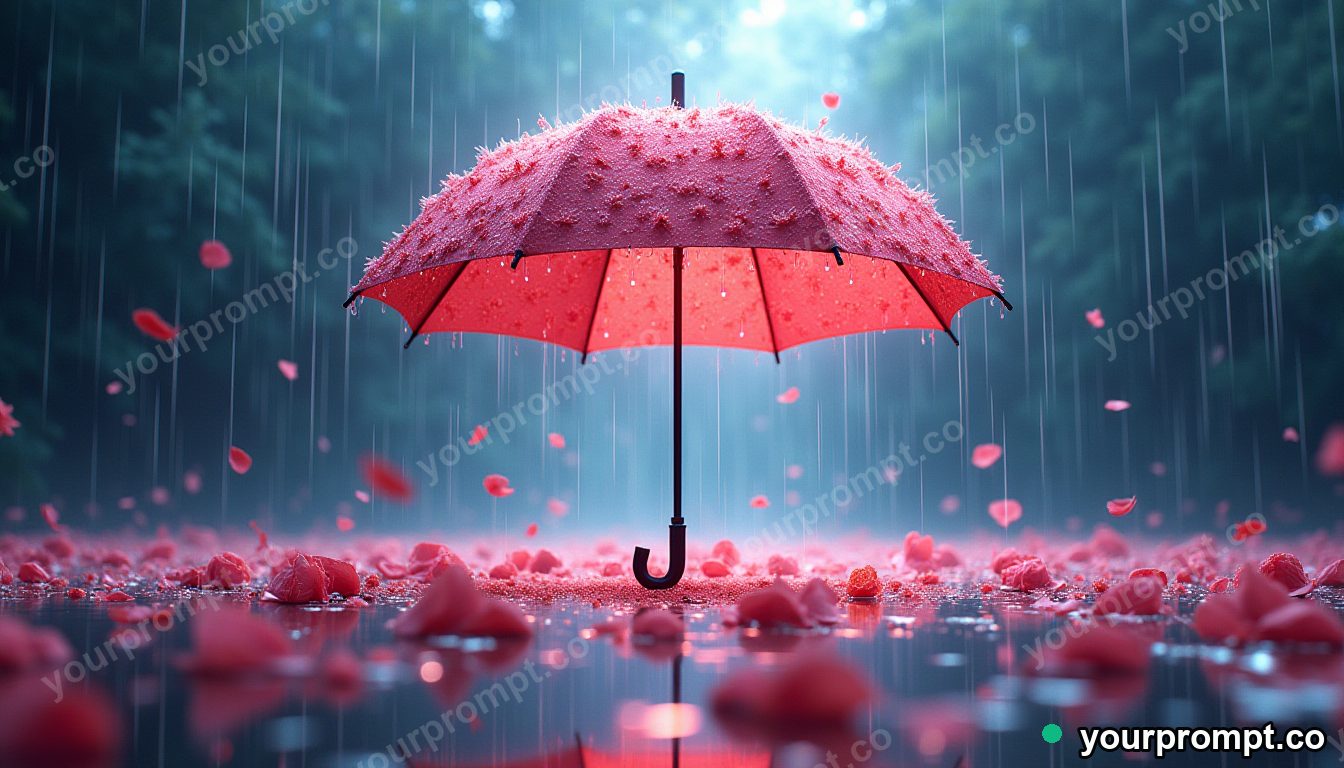 An umbrella raining flowers instead of water in bold pop-art style — AI-generated image from a text prompt