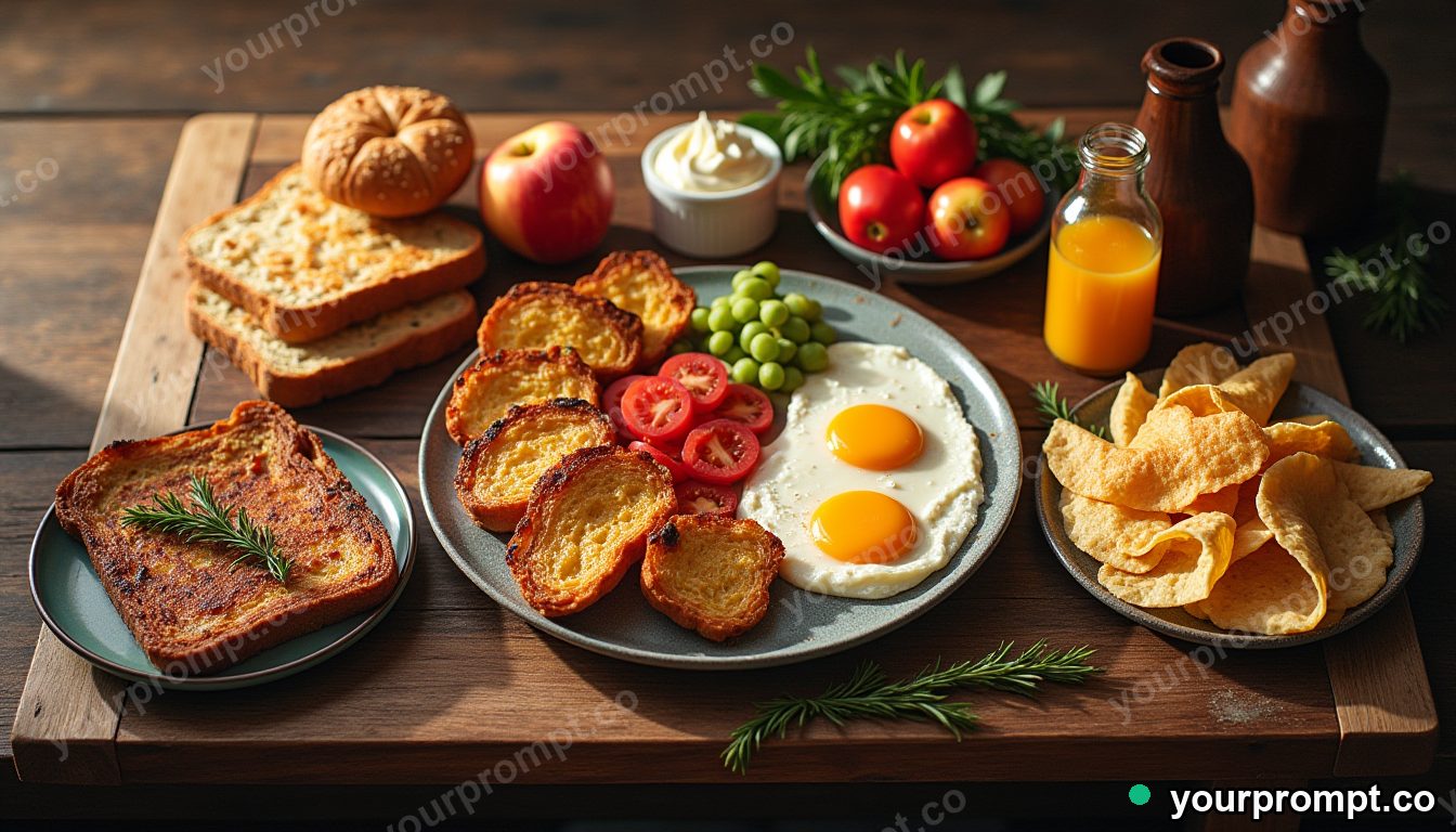 A rustic breakfast spread on a wooden table, top-down in epic fantasy concept art style — AI-generated image from a text prompt
