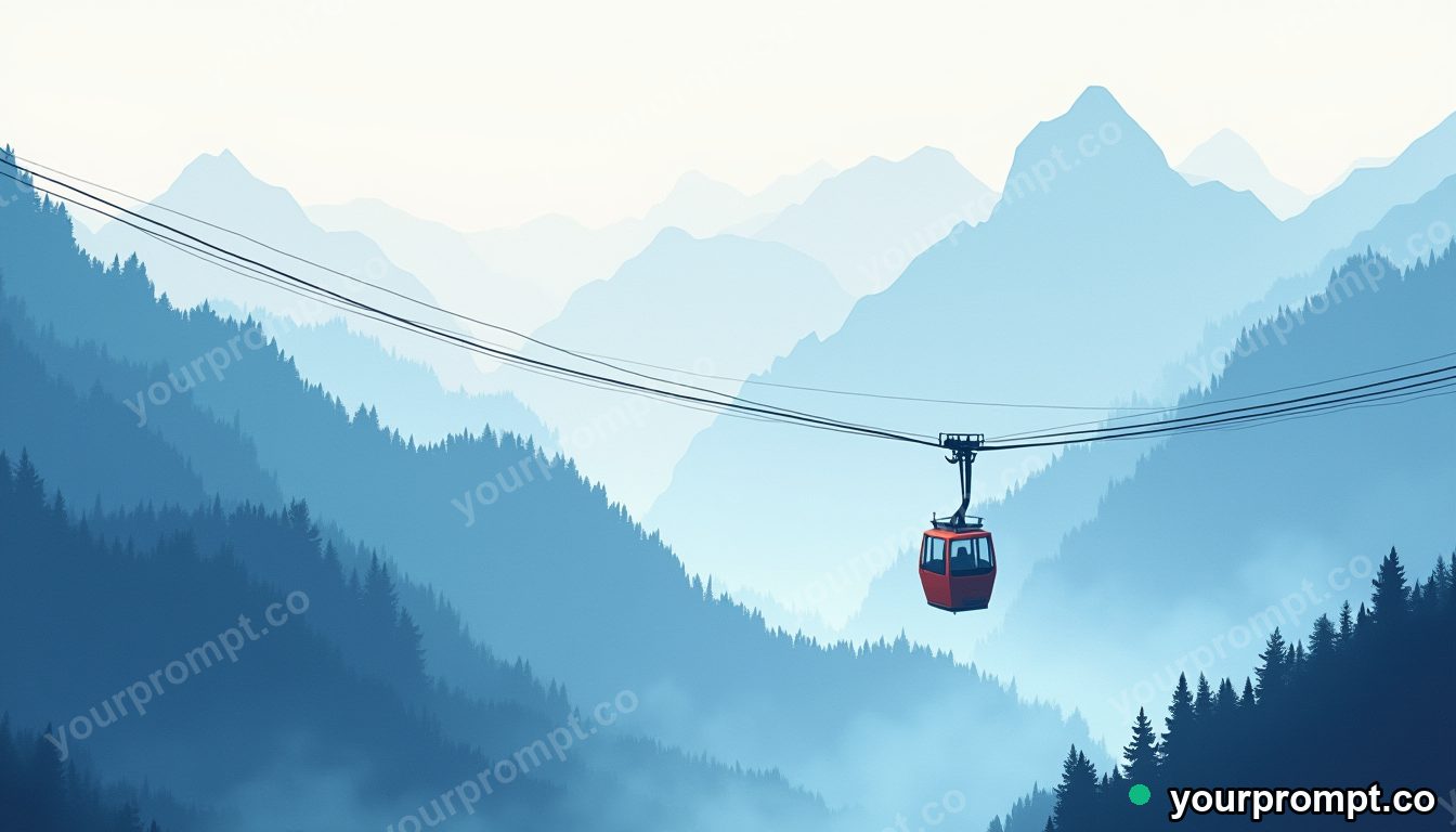 A cable car climbing into misty mountains