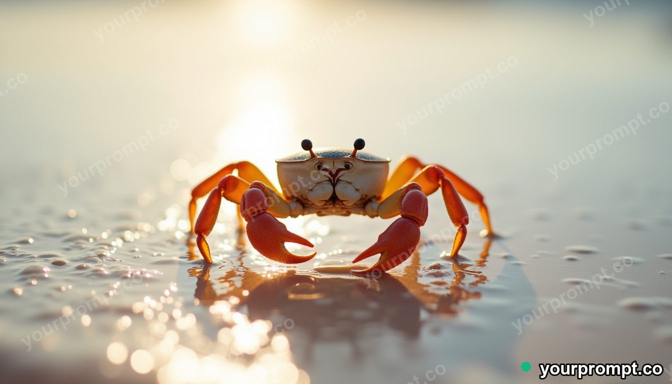 A crab scuttling across glistening wet sand